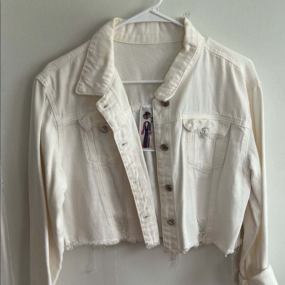 Cream Cropped Vogue Denim Jacket